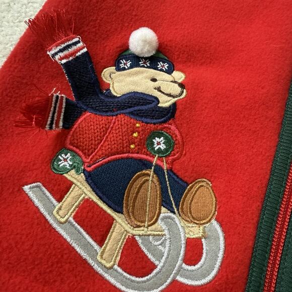 Red Christmas Bear Sledding Fleece Vest Boys 24M Applique Cardinal Tree Holiday - Picture 3 of 9